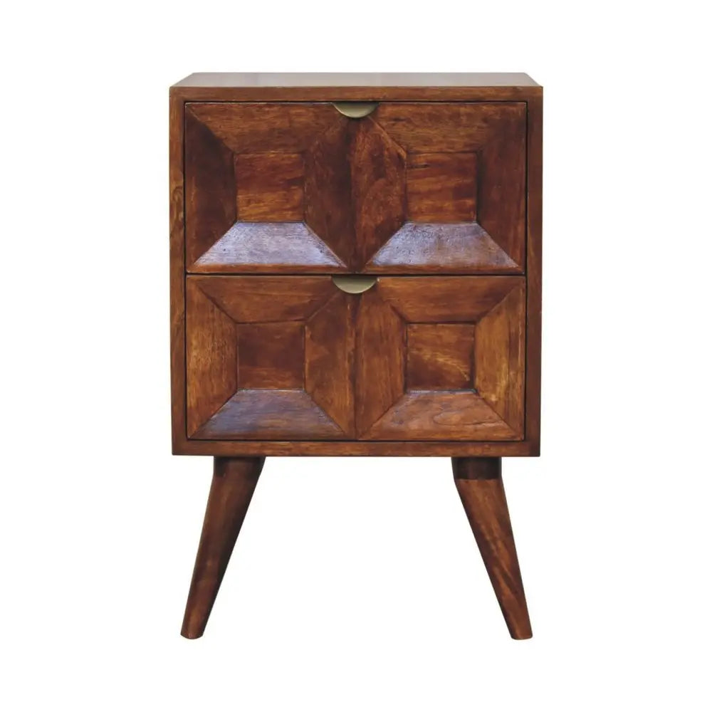 24" Chestnut Solid Wood Square Carved Geometric Two Drawer Nightstand - NOBLE HOME INTERIORS