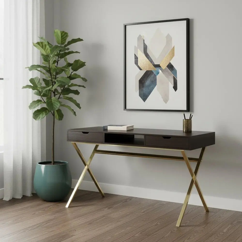 24" Dark Brown and Gold Computer Desk With Two Drawers - NOBLE HOME INTERIORS