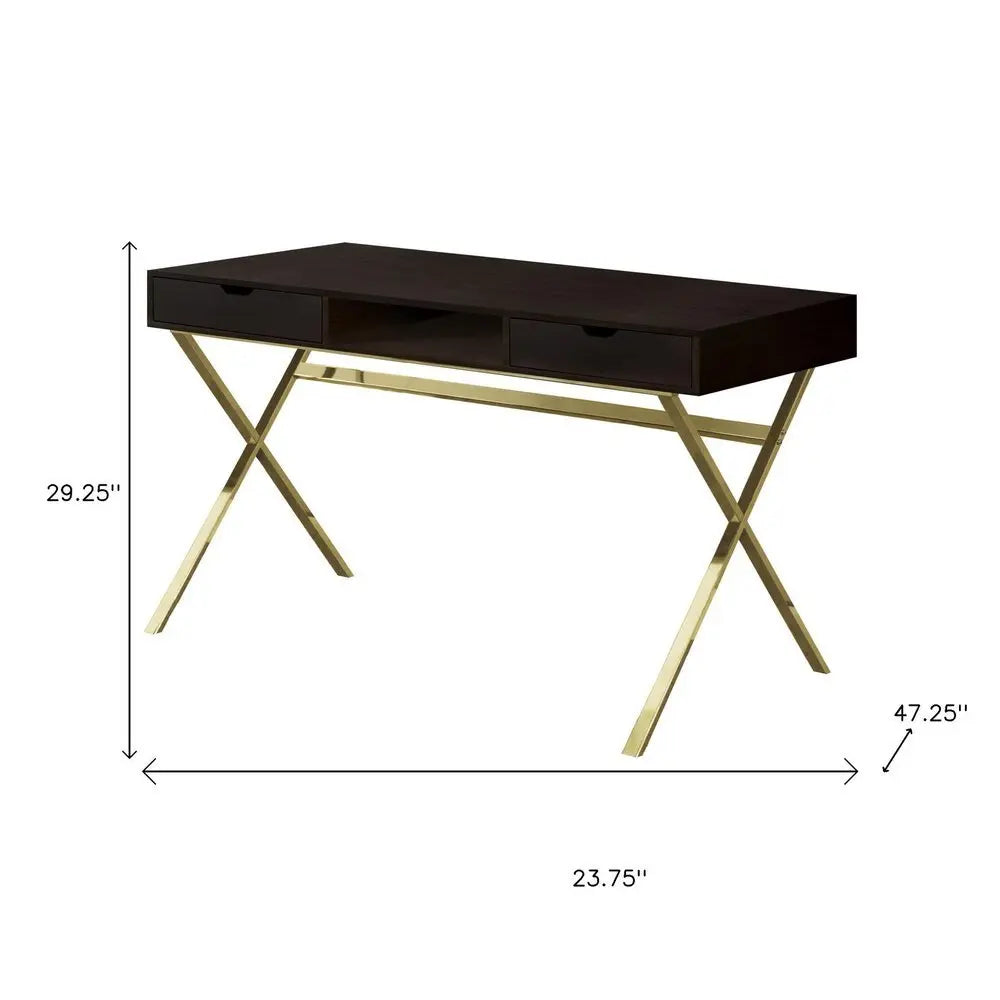 24" Dark Brown and Gold Computer Desk With Two Drawers - NOBLE HOME INTERIORS