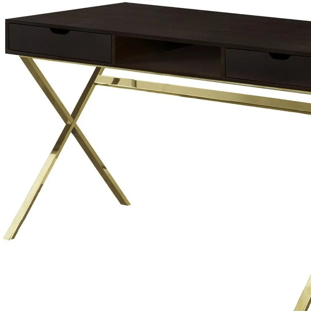 24" Dark Brown and Gold Computer Desk With Two Drawers - NOBLE HOME INTERIORS