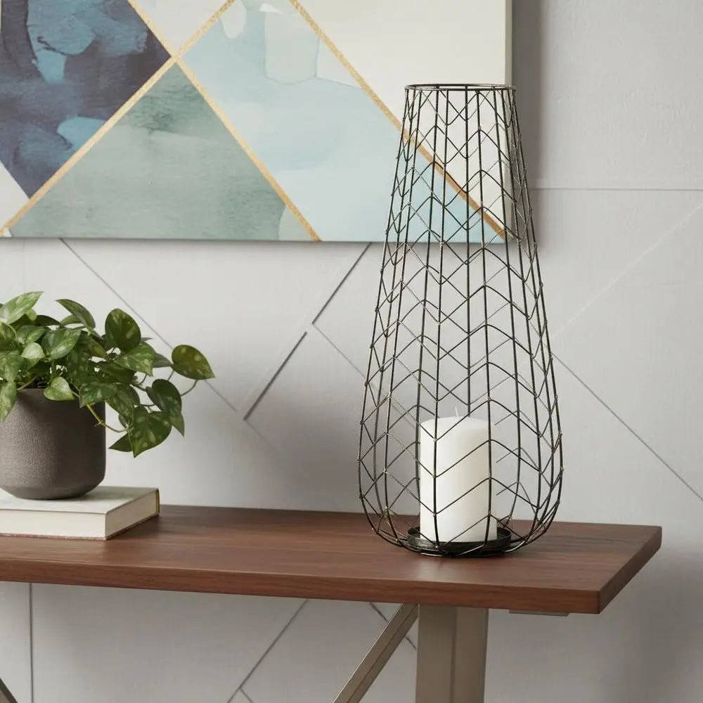 24" Gold Distressed Lattice Metal Tabletop Hurricane Candle Holder HomeRoots