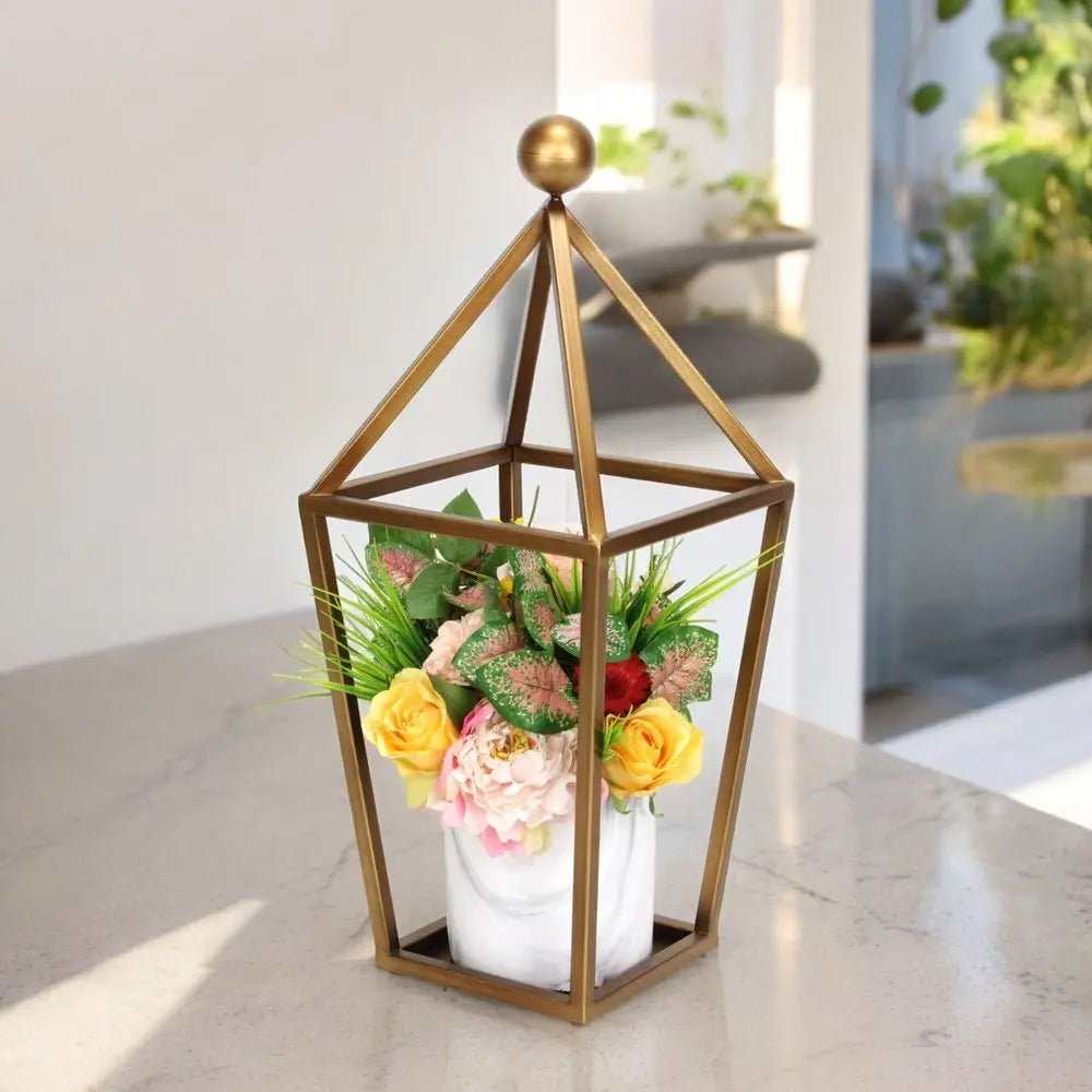 24" Gold Geometric Metal Tabletop Lantern Candle Holder HomeRoots