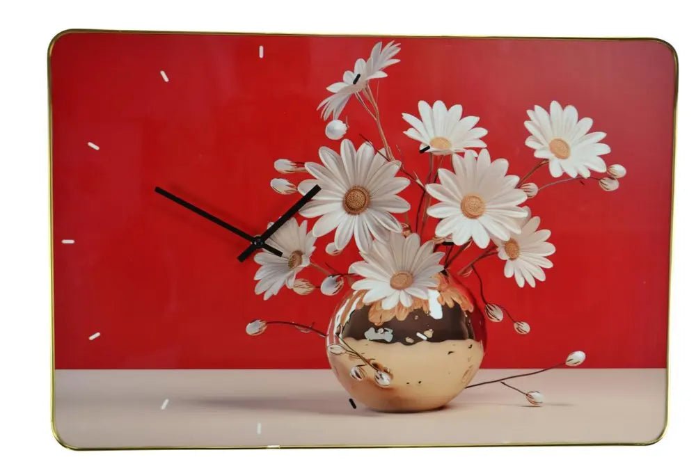 24" Gold Red And White Solid Wood and Acrylic Silent Daisies Floral Wall Clock HomeRoots