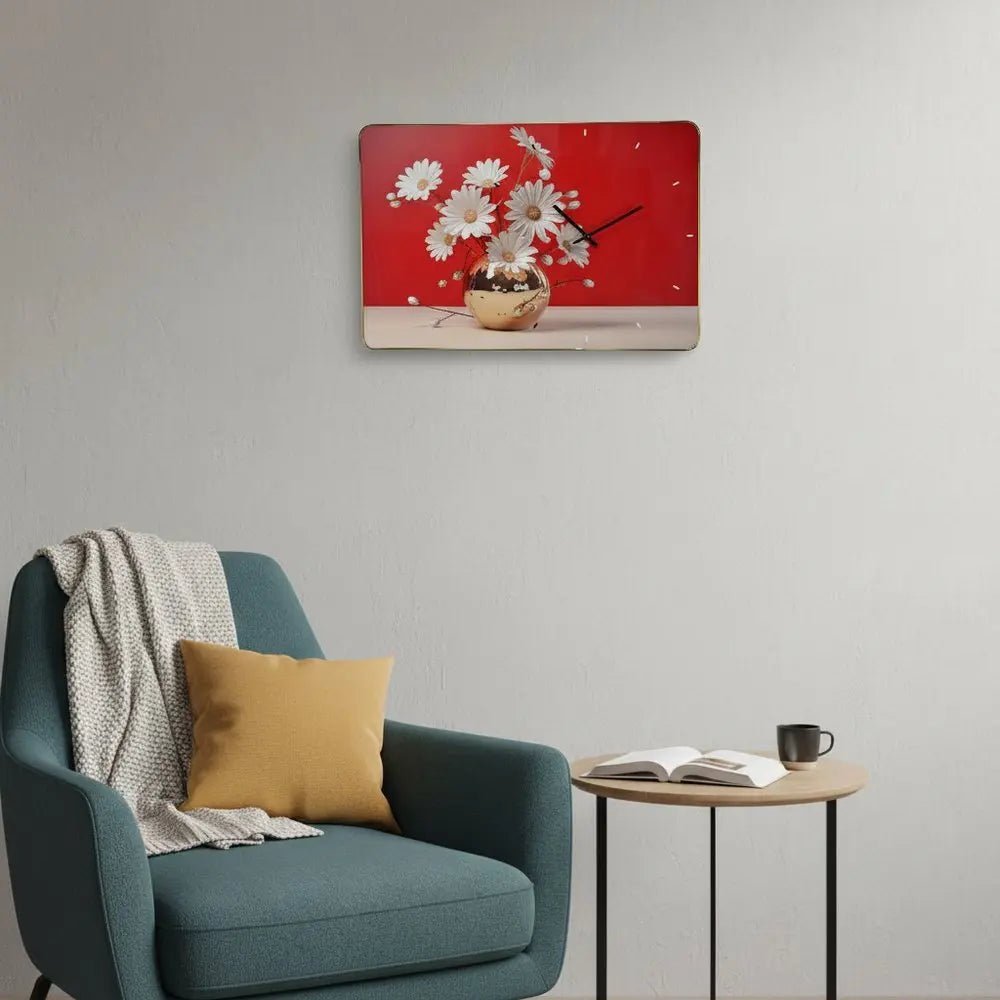 24" Gold Red And White Solid Wood and Acrylic Silent Daisies Floral Wall Clock HomeRoots