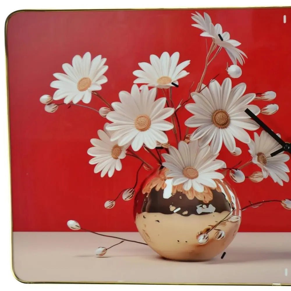24" Gold Red And White Solid Wood and Acrylic Silent Daisies Floral Wall Clock HomeRoots