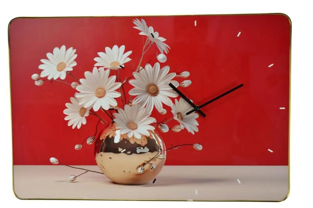24" Gold Red And White Solid Wood and Acrylic Silent Daisies Floral Wall Clock HomeRoots