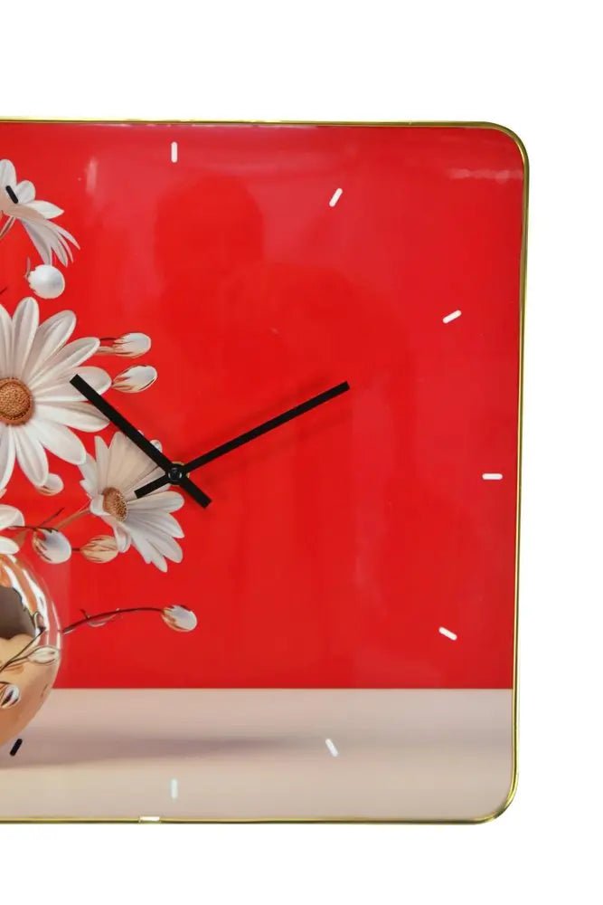 24" Gold Red And White Solid Wood and Acrylic Silent Daisies Floral Wall Clock HomeRoots
