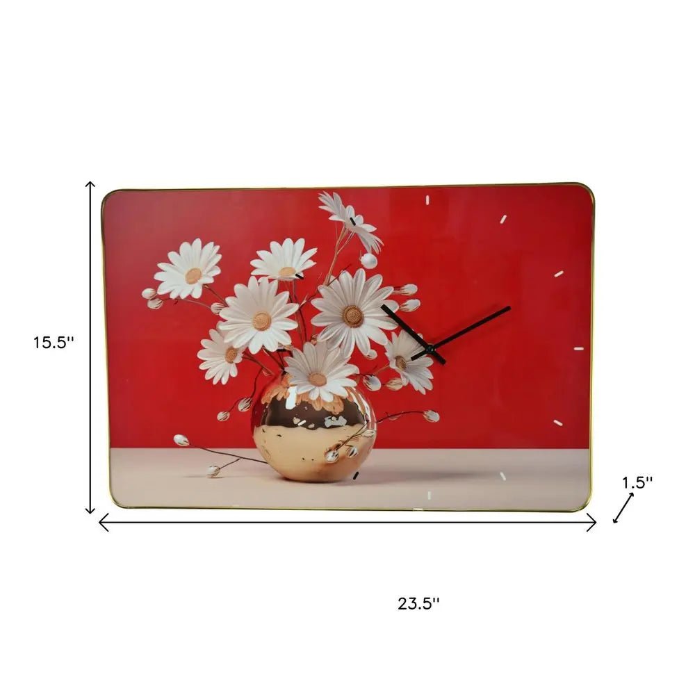 24" Gold Red And White Solid Wood and Acrylic Silent Daisies Floral Wall Clock HomeRoots