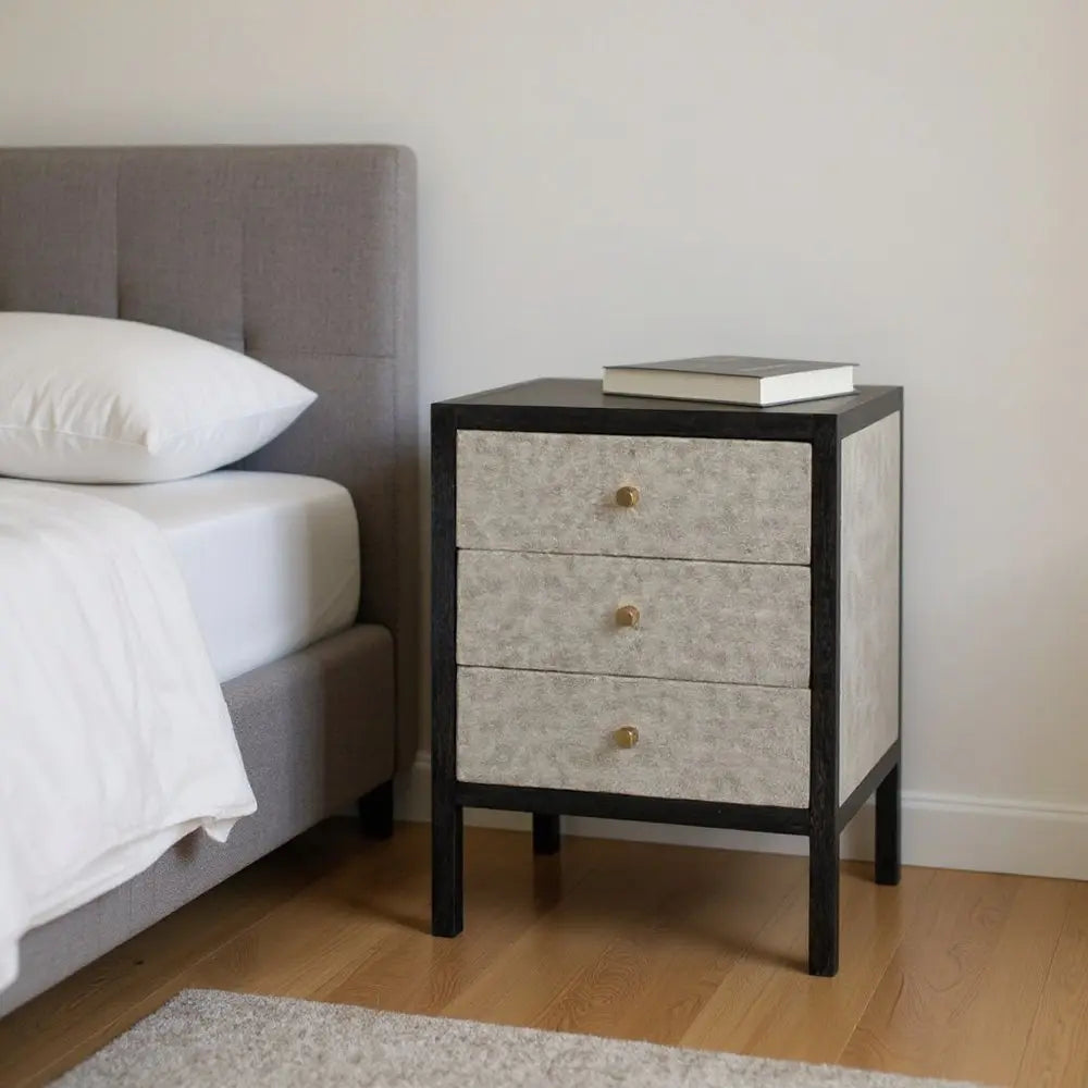 24" Gray And Black Solid Wood And Faux Shagreen Three Drawer Nightstand - NOBLE HOME INTERIORS