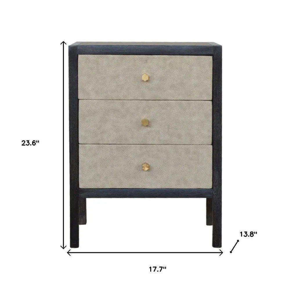 24" Gray And Black Solid Wood And Faux Shagreen Three Drawer Nightstand - NOBLE HOME INTERIORS