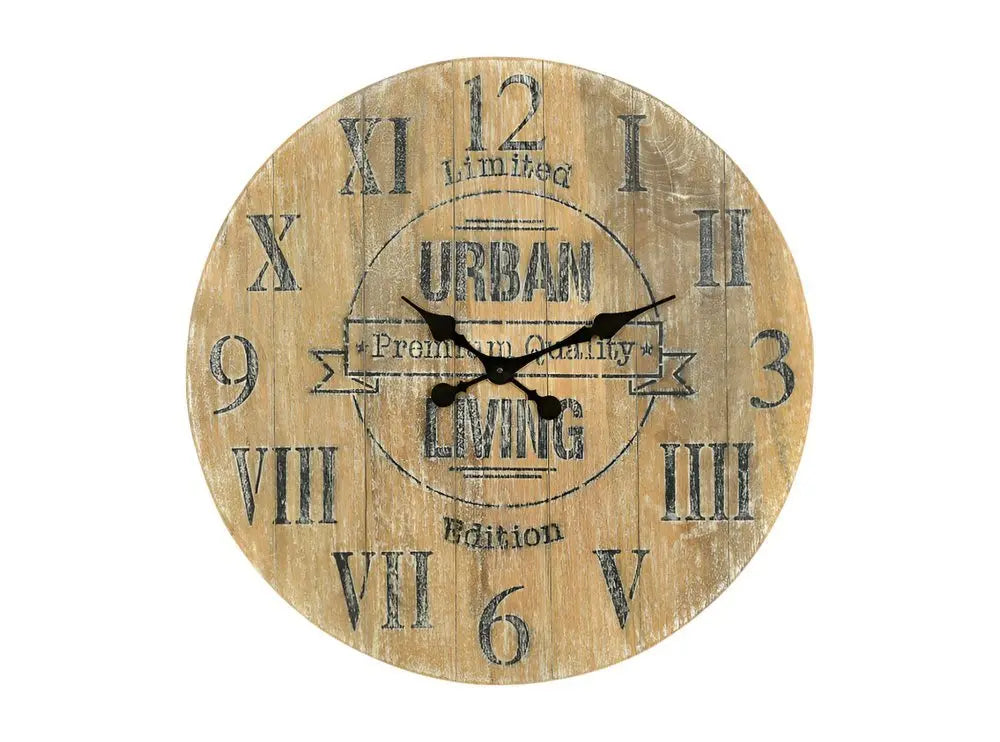 24" Natural Distressed Solid Wood Silent Analog Round Wall Clock - NOBLE HOME INTERIORS