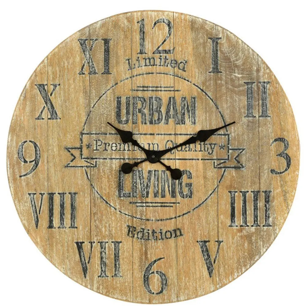 24" Natural Distressed Solid Wood Silent Analog Round Wall Clock - NOBLE HOME INTERIORS