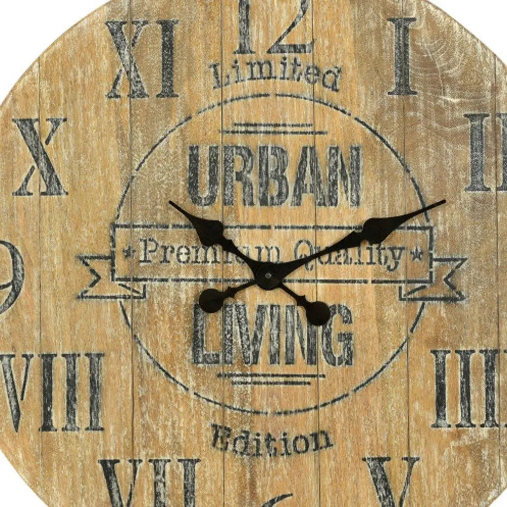 24" Natural Distressed Solid Wood Silent Analog Round Wall Clock - NOBLE HOME INTERIORS