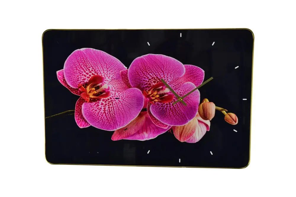 24" Pink Black And Gold Solid Wood and Acrylic Silent Orchids Floral Wall Clock HomeRoots