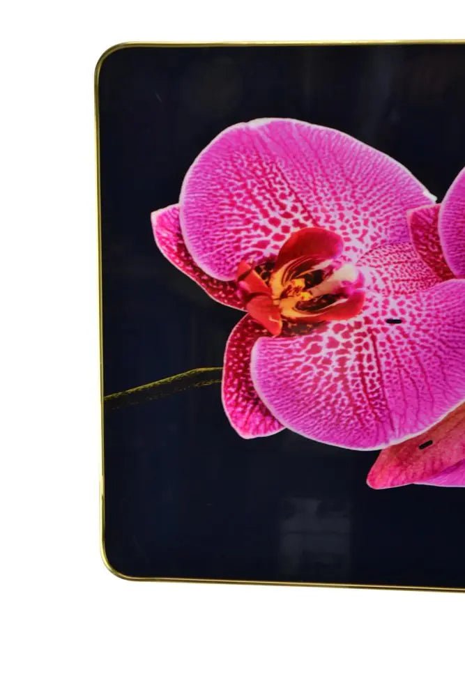 24" Pink Black And Gold Solid Wood and Acrylic Silent Orchids Floral Wall Clock HomeRoots