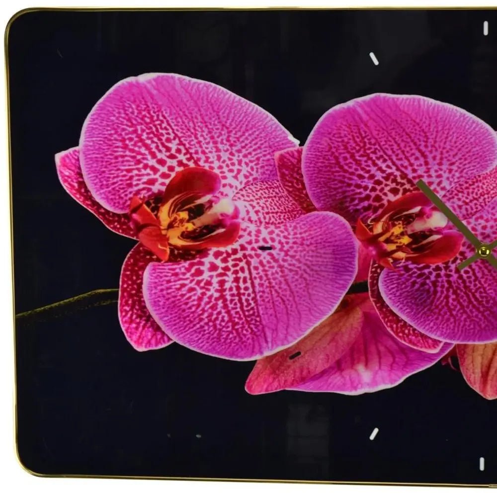 24" Pink Black And Gold Solid Wood and Acrylic Silent Orchids Floral Wall Clock HomeRoots