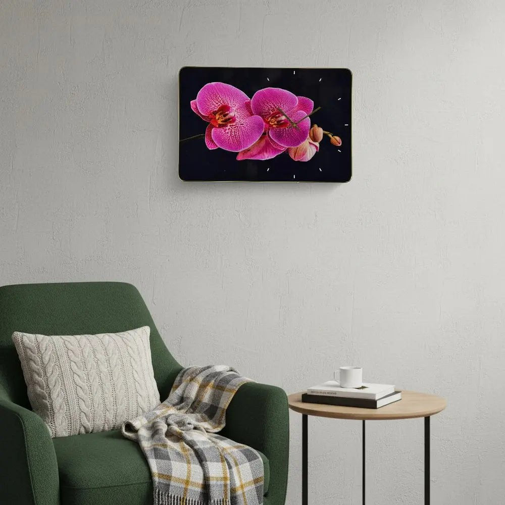 24" Pink Black And Gold Solid Wood and Acrylic Silent Orchids Floral Wall Clock HomeRoots