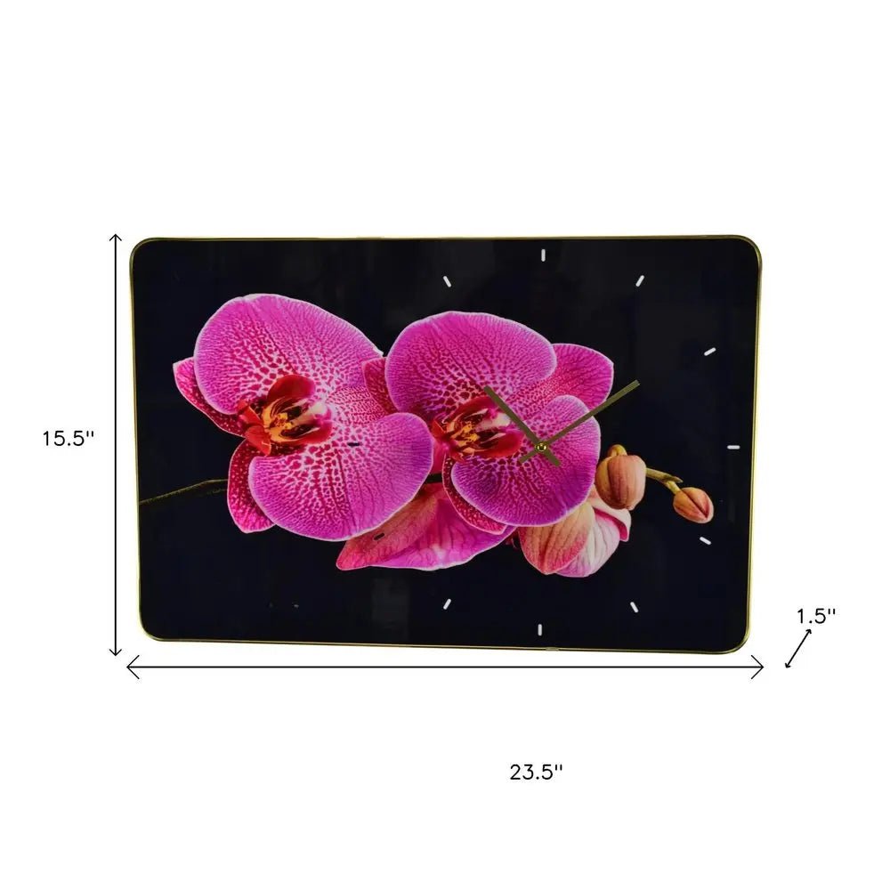 24" Pink Black And Gold Solid Wood and Acrylic Silent Orchids Floral Wall Clock HomeRoots
