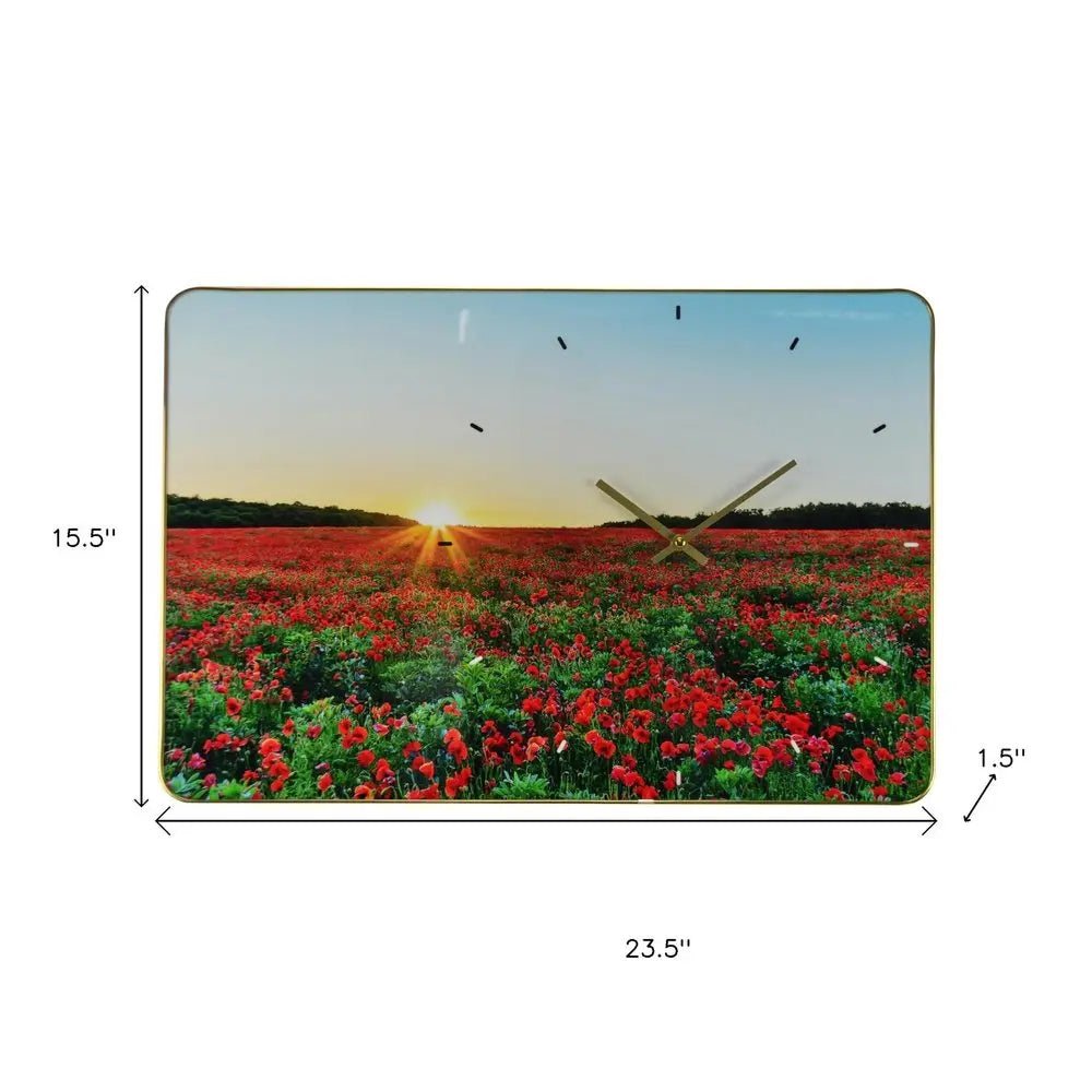 24" Red Blue And Gold Solid Wood and Acrylic Silent Poppies Floral Wall Clock HomeRoots