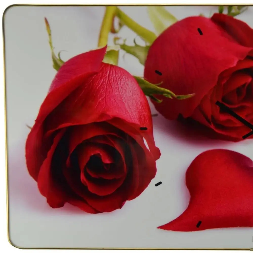 24" Red White And Gold Solid Wood and Acrylic Silent Roses Floral Wall Clock - NOBLE HOME INTERIORS