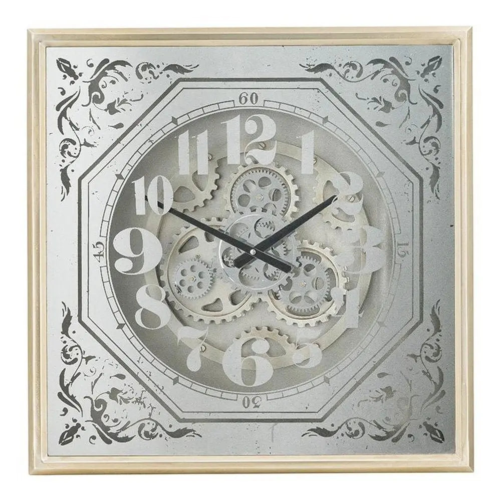 24" Square Gold and Silver Wood and Mirror Exposed Gear Wall Clock - NOBLE HOME INTERIORS