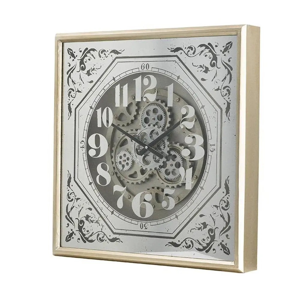 24" Square Gold and Silver Wood and Mirror Exposed Gear Wall Clock - NOBLE HOME INTERIORS