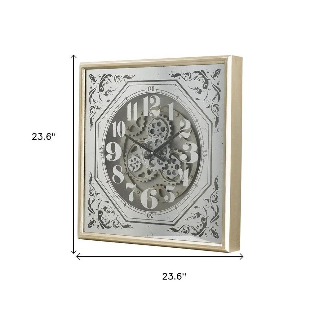 24" Square Gold and Silver Wood and Mirror Exposed Gear Wall Clock - NOBLE HOME INTERIORS