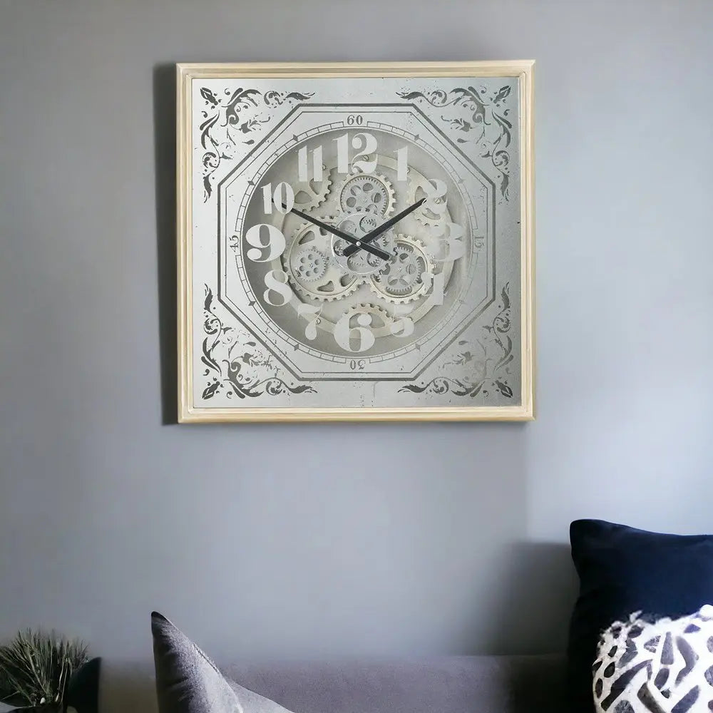 24" Square Gold and Silver Wood and Mirror Exposed Gear Wall Clock - NOBLE HOME INTERIORS