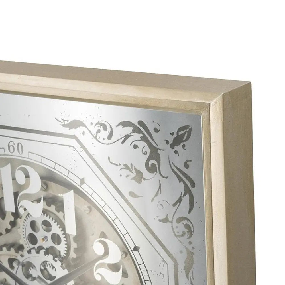 24" Square Gold and Silver Wood and Mirror Exposed Gear Wall Clock - NOBLE HOME INTERIORS