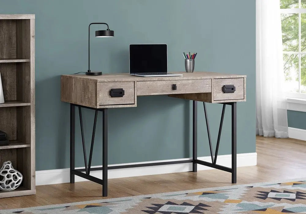 24" Taupe and Black Computer Desk With Three Drawers - NOBLE HOME INTERIORS