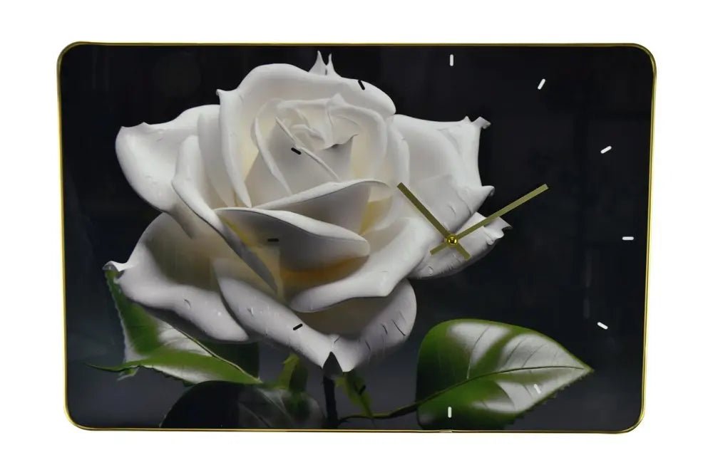 24" White Black And Green Solid Wood and Acrylic Silent Roses Floral Wall Clock HomeRoots