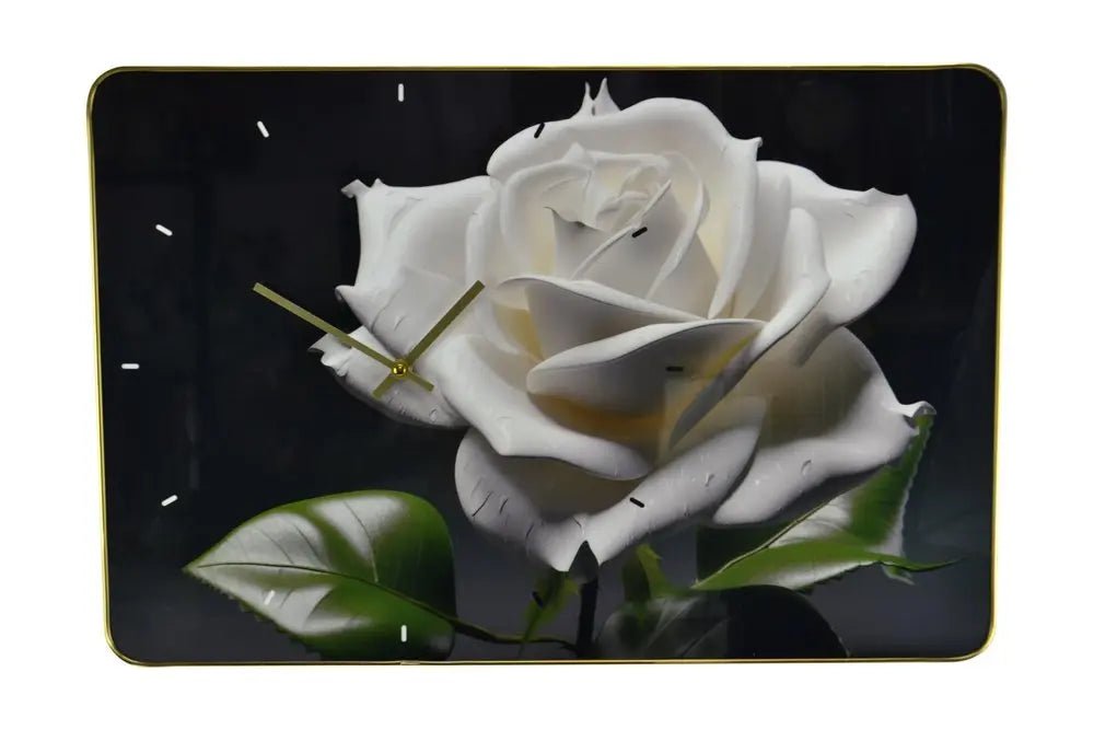 24" White Black And Green Solid Wood and Acrylic Silent Roses Floral Wall Clock HomeRoots