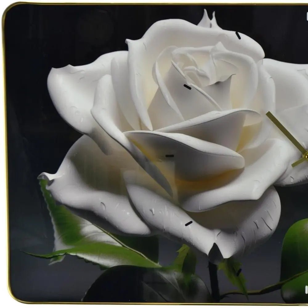 24" White Black And Green Solid Wood and Acrylic Silent Roses Floral Wall Clock HomeRoots