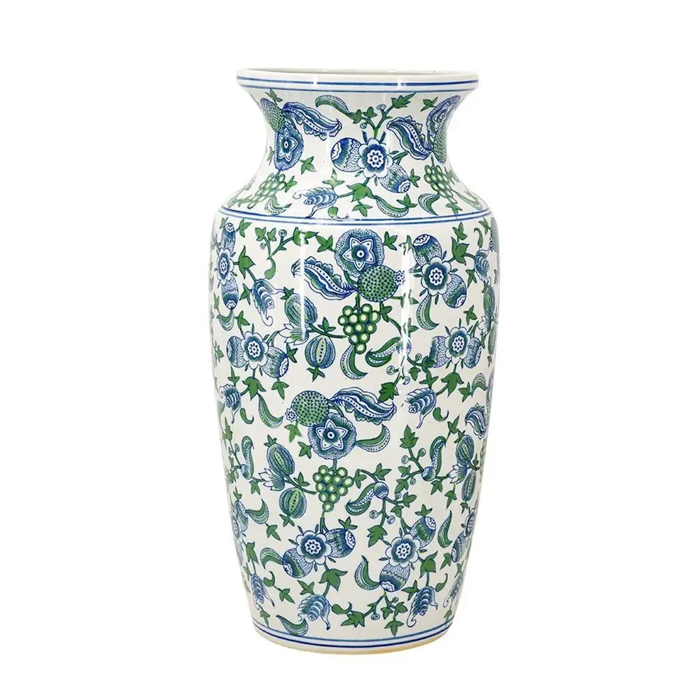 24" White Blue And Green And White Chinoiserie Porcelain Table Vase - NOBLE HOME INTERIORS