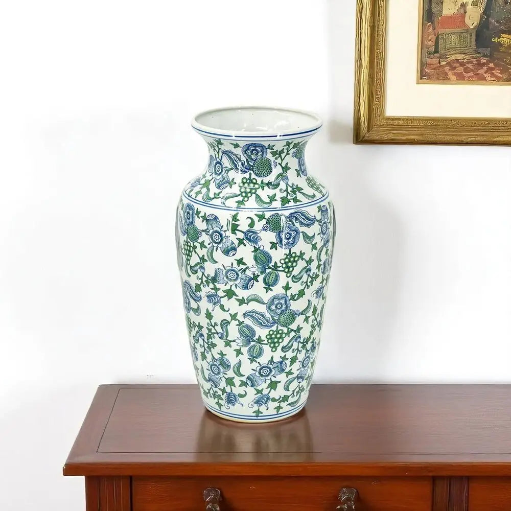 24" White Blue And Green And White Chinoiserie Porcelain Table Vase - NOBLE HOME INTERIORS