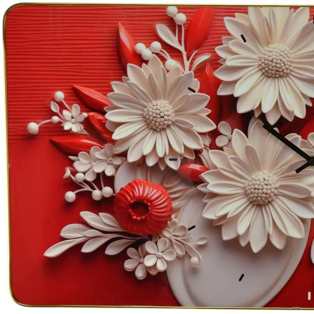 24" White Red And Black Solid Wood and Acrylic Silent Analog Floral Wall Clock HomeRoots
