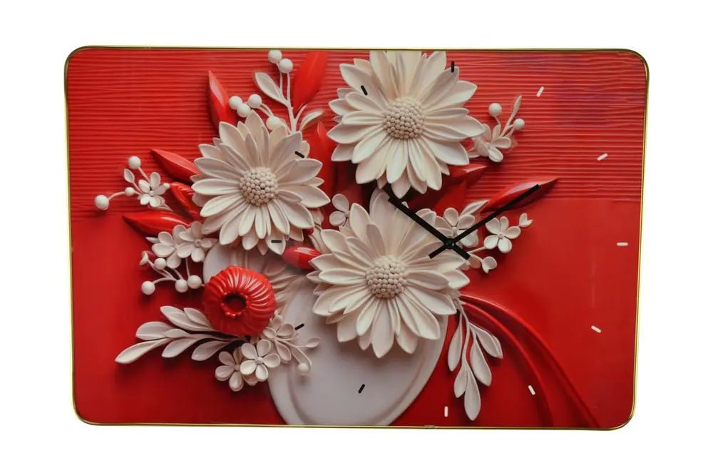 24" White Red And Black Solid Wood and Acrylic Silent Analog Floral Wall Clock HomeRoots