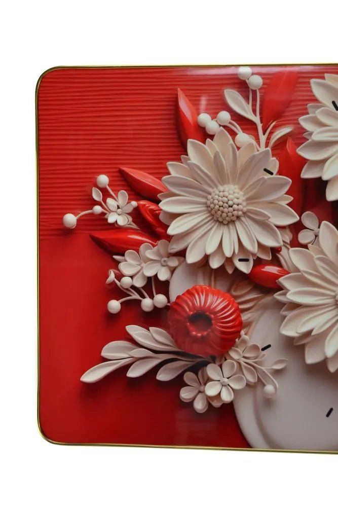 24" White Red And Black Solid Wood and Acrylic Silent Analog Floral Wall Clock HomeRoots