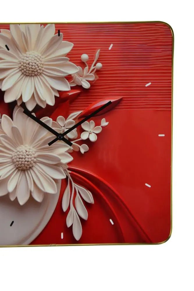 24" White Red And Black Solid Wood and Acrylic Silent Analog Floral Wall Clock HomeRoots