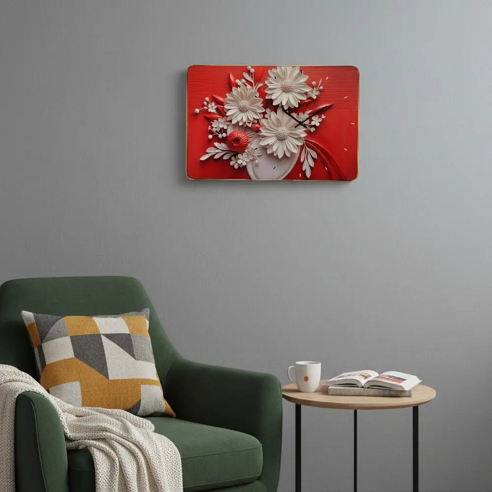 24" White Red And Black Solid Wood and Acrylic Silent Analog Floral Wall Clock HomeRoots