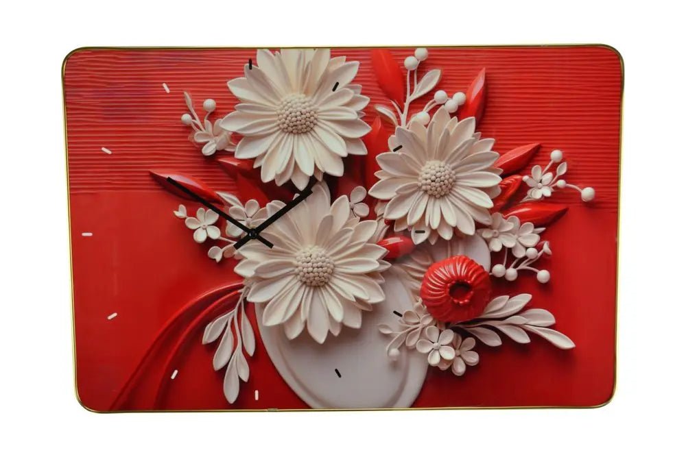 24" White Red And Black Solid Wood and Acrylic Silent Analog Floral Wall Clock HomeRoots