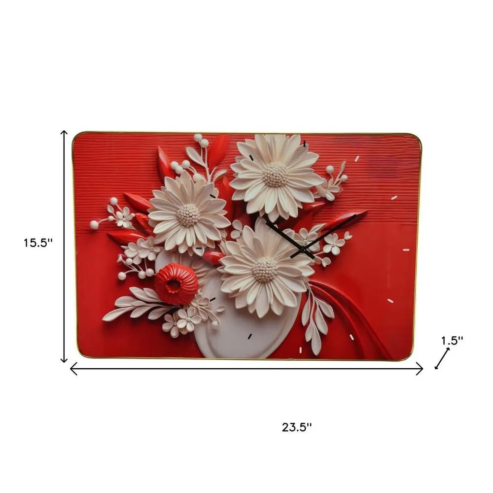 24" White Red And Black Solid Wood and Acrylic Silent Analog Floral Wall Clock HomeRoots