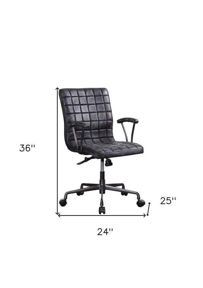 24" X 25" X 36" Vintage Black Top Grain Leather Aluminum Metal Upholstered (Seat) Casters Engineered Wood Executive Office Chair HomeRoots