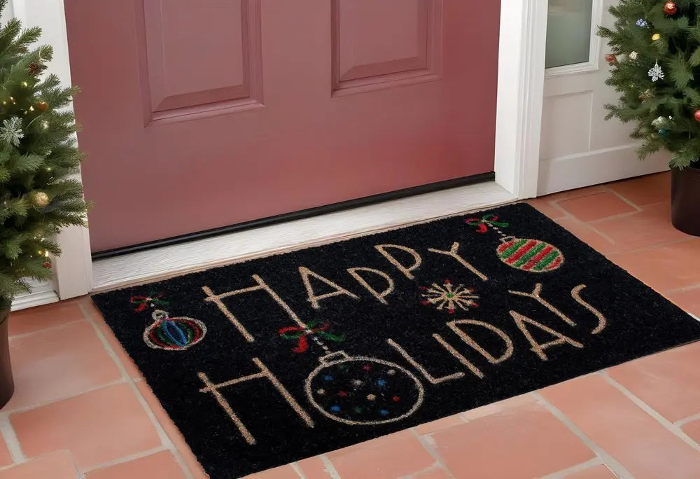 24" X 36" Black and Natural Coir Happy Holidays Outdoor Christmas Door Mat - NOBLE HOME INTERIORS