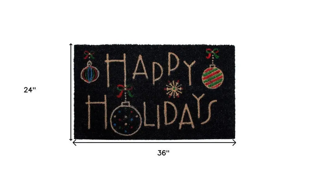 24" X 36" Black and Natural Coir Happy Holidays Outdoor Christmas Door Mat - NOBLE HOME INTERIORS