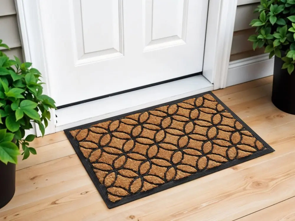 24" X 36" Black And Natural Geometric Outdoor Coir And Rubber Door Mat - NOBLE HOME INTERIORS