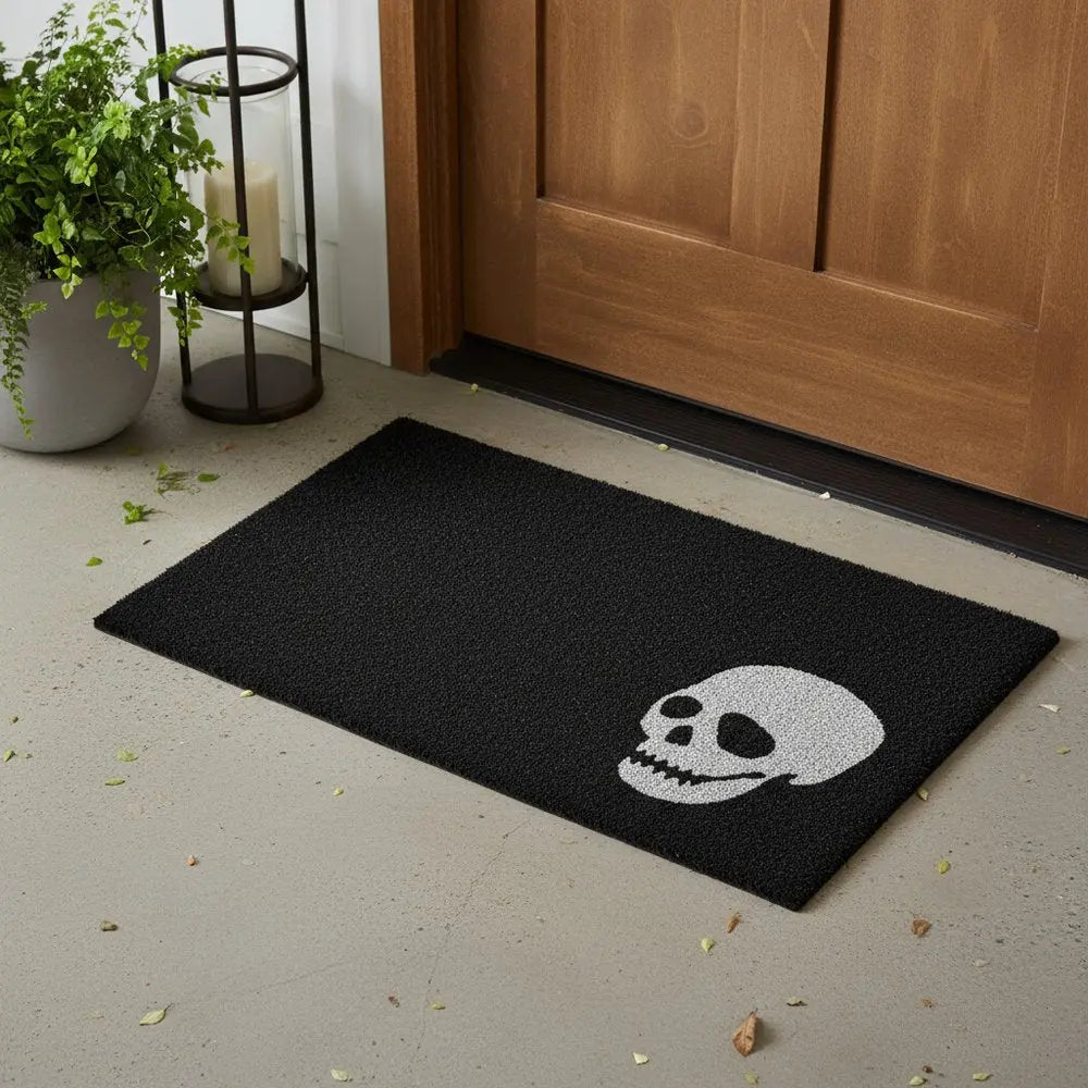 24" X 36" Black And White Coir Skull Outdoor Halloween Door Mat - NOVA HOME FURNITURE