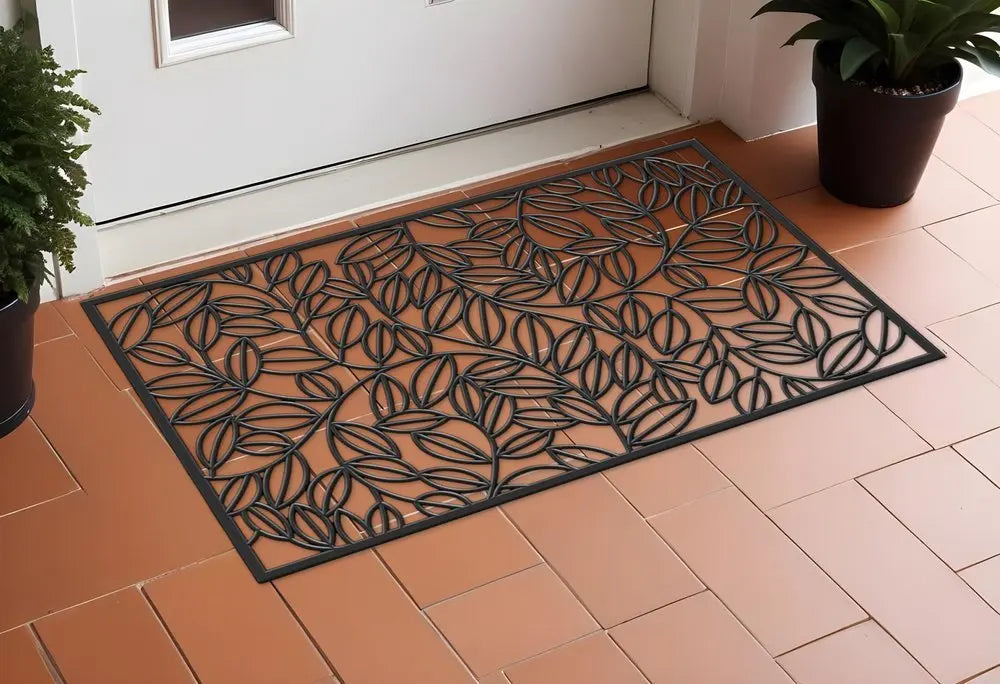 24" X 36" Black Rubber Botanical Leaves Outdoor Door Mat - NOBLE HOME INTERIORS