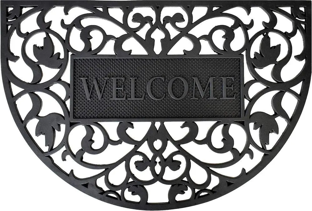 24" X 36" Black Scrollwork Welcome Semi Circle Outdoor Rubber Door Mat - NOBLE HOME INTERIORS