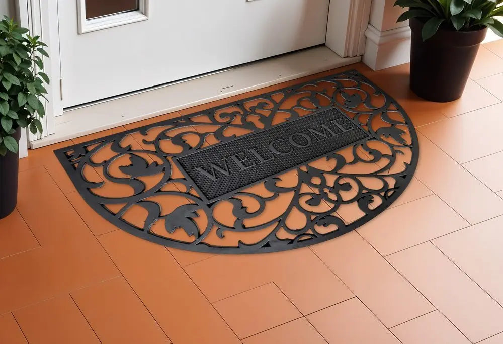 24" X 36" Black Scrollwork Welcome Semi Circle Outdoor Rubber Door Mat - NOBLE HOME INTERIORS